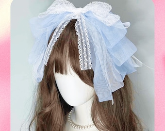 Faixa de cabelo de renda azul Sweet Lolita | Faixa de cabelo de renda com babados e laços | Vestido lolita estilo empregada doméstica vitoriana | Fantasia de cosplay com cocar gótico