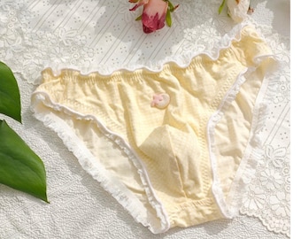 Calcinha de renda amarela estilo sissy, calcinha de renda masculina, femboy, roupa íntima sissy, calcinha feminina tamanho grande para homens, roupa de feminização