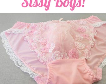 Calcinha bordada com flores rosa, lingerie masculina de renda, roupa íntima femboy, roupa para feminização.