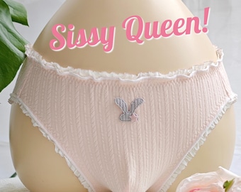 Calcinha rosa com estampa de coelhinho para homens, roupa íntima para femboy, calcinha feminina tamanho grande para homens, calcinha masculina de algodão com renda.
