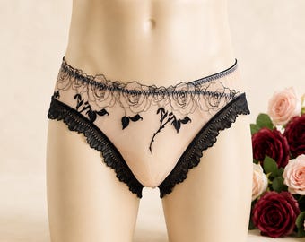 Cueca feminina masculina, cueca sissy de renda para homens, calcinha floral transparente, roupa íntima macia e romântica estilo lingerie, presente exclusivo para ele.