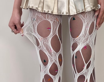 Medias blancas de malla bordadas Sissy, lencería negra Rave, medias de rejilla transparentes Sassy, conjunto Sissy de rejilla transparente, chica de carnaval Y2K