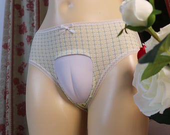 Sissy Gaff Yellow Plaid Underwear, Camel Toe Brief Gaff Hiding Panties for Men, Transgender Women Tucking Panties, Trans Fake Wearable Brief