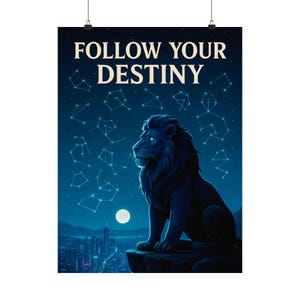 Follow Your Destiny Löwe Poster | Majestätischer Sternenhimmel mit Sternbildern & Futuristischer Stadt | Motivierende Wanddekoration für zu Hause oder im Büro