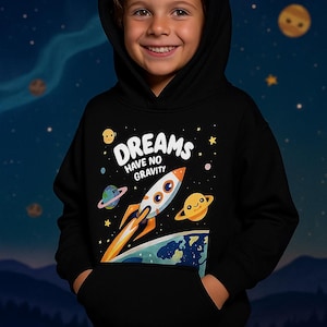 Dreams Have No Gravity Kids Space Hoodie | Rocket Launch Design for Young Dreamers