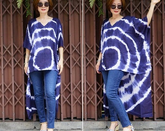 Boho Chic Casual Dark Navy Blue Tie Dyed Light Cotton Rayon Short Front Long Back High Low Hem Summer Caftan Kaftan Women Boho Top Tunic