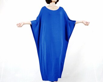 Oversize Dress Wide Scoop Neck Neon Blue Rayon Jersey Chic Elegant Minimalist Casual Maxi Dress Loungewear Kaften Dress - D029