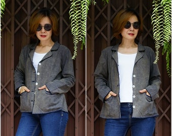 Chic Elegant Casual Stonewashed Rustic Dark Blue Cotton Women Blazer With Raw Edge Finishing & Flare Bottom Hem