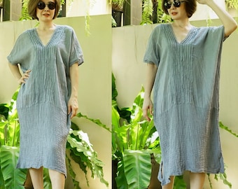 Oversize V Neck Dress Kaftan Dress Beach Women Summer Swimwear Cover Up Plus Size Dress Blue Gray Loose Midi Kaftan Dress Tunic Dress LDB1