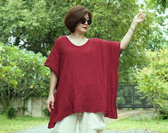 Burgundy Gauze Cotton Poncho Top – Oversized Boho Top Blouse DB7