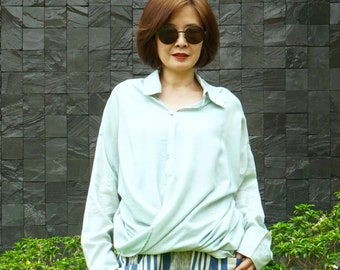 Relaxed Fit Long Sleeve Mock Wrap Blouse: Light Aqua Cotton Rayon Blend CR1