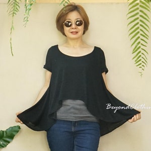 Double Layered Asymmetrical Cotton Blend Top with Folded Sleeves, Flowy Casual Blouse for Women, Chic Casual Tee Top - LT02A