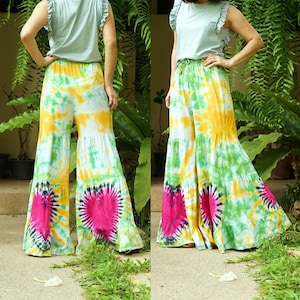 Boho Hippie Wide Leg Tie Dye Pants, Flare Bottom Pants, Ruffle Tiered Pants, Festival Pants, Resort Tie dye Pants, Rainbow Pants- NWP07