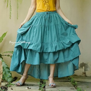 2 In 1 Take Me to Your Heart - Steampunk Short Front Long back Tiered Dusty Teal Light Cotton Boho Skirt, Extravagant Skirt