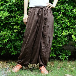Brown Cotton Jersey Harem Skirt Pants Boho Pants Extravagant Pants Drop Crotch Pants With Elastic Waist & Adjustable Drawstring - P046