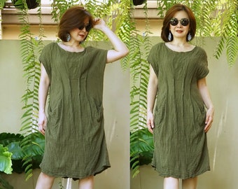 Boho Slouch Dress Tunic Side Drape Pintuck Front Waist Dress Tunic Olive Double Gauze Cotton Slouch Dress Tunic Boho Loose Dress - DB3