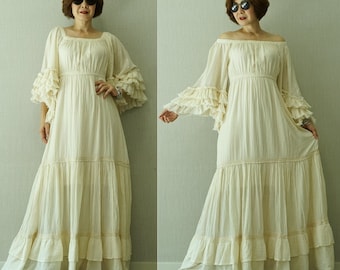 Boho Tiered Cotton Gauze Maxi Dress: Off-Shoulder, Bell Sleeves, Lace Insert Bridal Gown BD08
