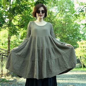 Boho Long Sleeve Flare Tiered Dusty Olive Double Gauze Cotton Midi Dress, Boho Peasant Dusty Olive Gauze Cotton Dress - DB6