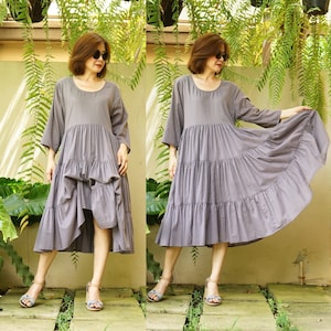 Boho Flare Tiered Taupe Lavender Dress, Boho Flare Full Circle Tiered Midi Dress, Boho Taupe Lavender Peasant Dress, Light Cotton Dress