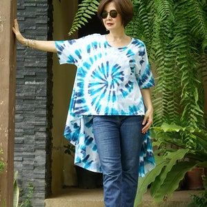 Boho Chic Casual Dark Navy Blue  And Teal Tie Dye Cotton Short Front Long Back High Low Hem Tunic Top Boho Tie Dye Oversize Tunic Top TDT1A