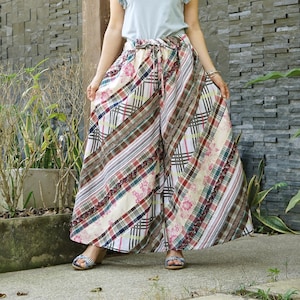 Patched Floral Printed, Multi Color Plaid Cotton Plus Size Wide Legs Pants With 2 Pockets, Boho Plus Size Patched Wide Leg Loose Pants