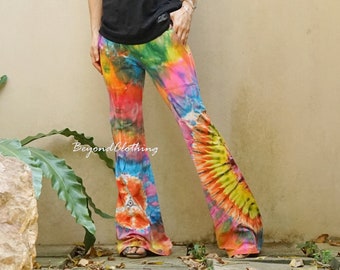 Women Casual Tie Dye Flare Leg Pants Tie Dye Full Length Skinny Pants Boho Colorful Tie Dye Flare Hem Yoga Pants Festival Pants - LP4D