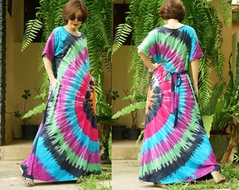 Boho Tie Dye Maxi Dress, Multicolor Tie Dye Flare Dress, Hippie Dress, Rainbow Dress, Festival Clothing, Colorful Holiday Dress - JB9D