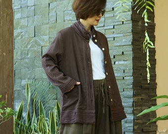 Artistic Fray - Hand Dyed Dark Brown Linen Mix Rayon Long Sleeve Fully Lined Blouse With Raw Frill And 2 Pockets AT320