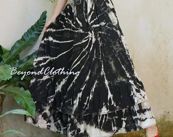 Tie Dye Cotton Maxi Skirt Flare Double Ruffled Hem Boho Tube Dress TS5D