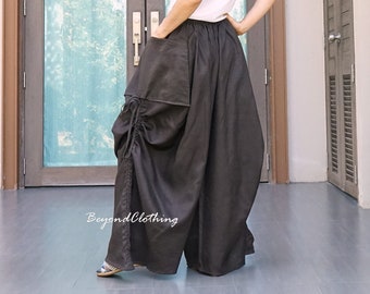 Love Me..Love Me Not - Dark Chocolate Linen Wide Leg Boho Steampunk Pants Extravagant Pants With 2 Roomy Pockets & Side Ruching