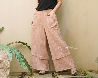 Wide Leg Palazzo Gauze Cotton Pants, Loose Pants, Boho Gaucho Pants, Casual Chic Dusty Peach Double Gauze Cotton Pants With 2 Roomy Pockets