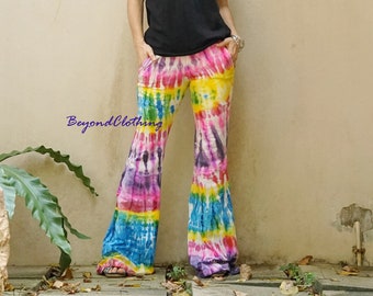 Women Casual Tie Dye Flare Leg Pants Tie Dye Full Length Skinny Pants Boho Colorful Tie Dye Flare Hem Yoga Pants Festival Pants - LP4B