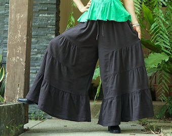 Plus Size Boho Hippie Tiered Dark Charcoal Wide Leg Pants, Lagenlook Pants, Extravagant Pants, Dark Charcoal Rayon Mix Linen Pants P20-2