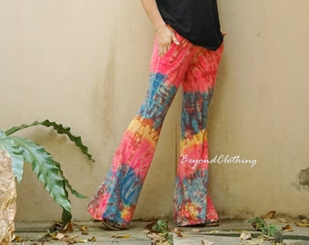 Women Casual Tie Dye Flare Leg Pants Tie Dye Full Length Skinny Pants Boho Colorful Tie Dye Flare Hem Yoga Pants Festival Pants - LP4C