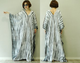 V Neck Front & Back Tie Dye White Rayon, Boho Kaftan Dress, Tie Dye Maxi Dress, Tie Dye Loose Dress, Beach Cover Ups Loungewear Dress - RK1E