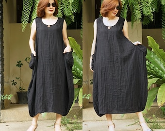 Sleeveless Scoop Neck Summer Black Double Gauze Cotton Boho Loose Dress, Boho Loose Jumper, Dress Boho Maternity Dress Loungewear - DB4