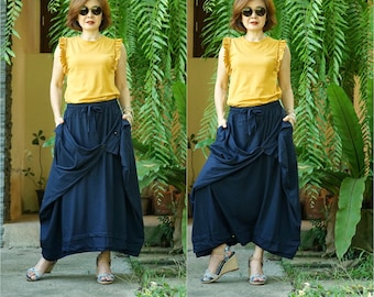 Boho Funky Convertible Extravagant Skirt Or Pants, Dark Navy Blue Skirt/Pants, Harem Pants With Side Flap Or Wrap - LP024