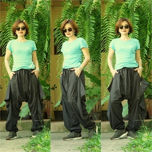 Funky Harem Boho Drop Crotch Dark CHarcoal Cotton Jersey Pants Harem Pants With Zipped Flap Side, Elastic Waist And 2 Pockets - LP022