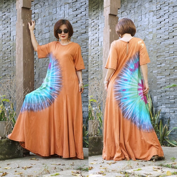 Boho Scoop Neck Short Sleeve Flare Maxi Dress, Hippie Bohemian Dress, Rainbow Tie Dye Dress, Boho Festival Clothing JB-12B