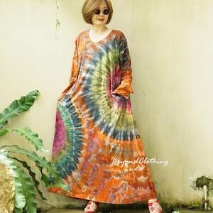 Plus Size Oversize Tie Dye V Neck Long Sleeve Maxi Dress, Hippie Boho Maxi Dress, Rainbow Dress, Festival Clothing Extravagant Dress - PL4B