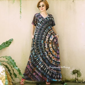 Boho maxi-jurk met v-hals tie-dye, festivalkleding, kleurrijke vakantiejurk tie-dye flare-jurk, feestjurk, zomerjurk - JB5A