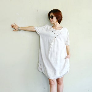 Boho Chic Smart Casual Short Sleeve Creamy White Cotton Mix Linen Pleated Front Boho Dress Tunic With Curve Hem