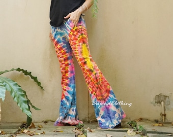 Women Casual Tie Dye Flare Leg Pants Tie Dye Bell Bottom Skinny Pants Boho Colorful Tie Dye Flare Hem Yoga Pants Festival Pants - LP4A