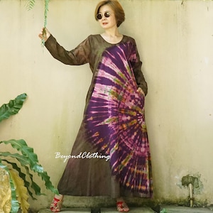 Boho Tie Dye Scoop Neck Long Sleeve Maxi Dress, Hippie Bohemian Maxi Dress, Rainbow Dress, Festival Clothing Extravagant Dress - JB1H