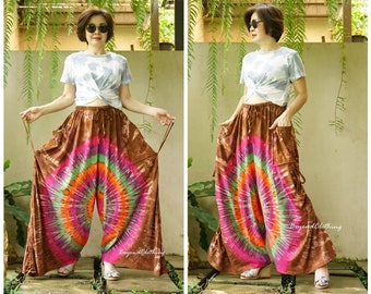 Plus Size Love Me Pants - Boho Tie Dye Wide Leg Cotton Pants, Steampunk Tie Dye Cotton Pants, Festival Clothing, Tie Dye Harem Pants LM1F