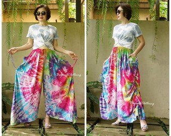 Plus Size Love Me Pants - Boho Tie Dye Wide Leg Cotton Pants, Steampunk Tie Dye Cotton Pants, Festival Clothing, Tie Dye Harem Pants LM1J