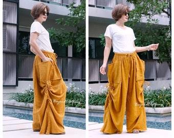 Love Me Love Me Not - Dark Marigold Double Gauze Cotton Wide Leg Boho Steampunk Pants Extravagant Pants With 2 Roomy Pockets & Side Ruching