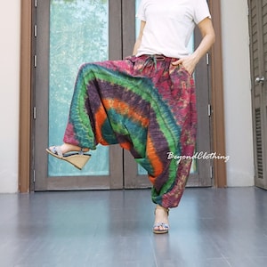 Tie Dye Harem Pants, Tie Dye Boho Pants Tie Dye Funky Pants Tie Dye Hippie Pants Tie Dye Drop Crotch Cotton Mix TC Women Men Pants - P025A