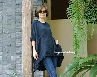 Chic Modern Oversize Loose Fit Short Front Long Back Gauze Cotton Tunic Black Double Gauze Cotton Top Lagenlook Boho Tunic Tops DB12