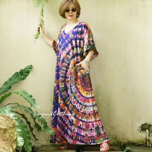 Plus Size Oversize Tie Dye Dress, Boho Half Sleeve V Neck Colorful Tie Dye Maxi Dress, Festival Clothing, Boho Tie Dye Resort Dress - PL1D